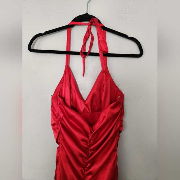Jessica McClintok Full Length Halter Scrunch Red Satin Dress sz 6 - Picture 5 of 14